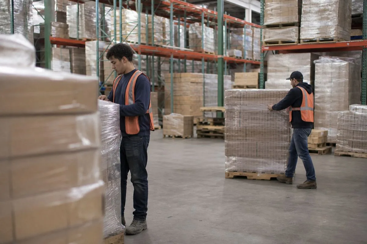Workers organizing pallets inside a large warehouse facility