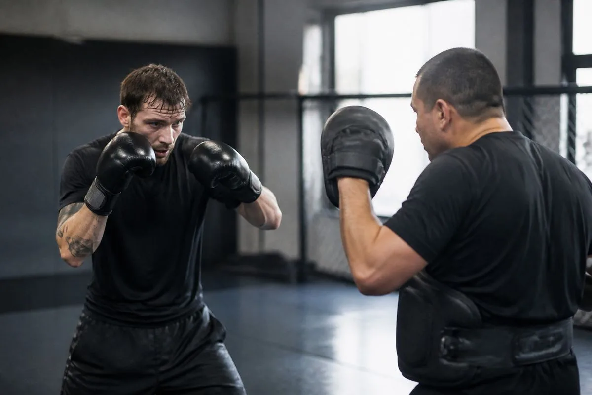 An MMA fighter training with a coach in a gym