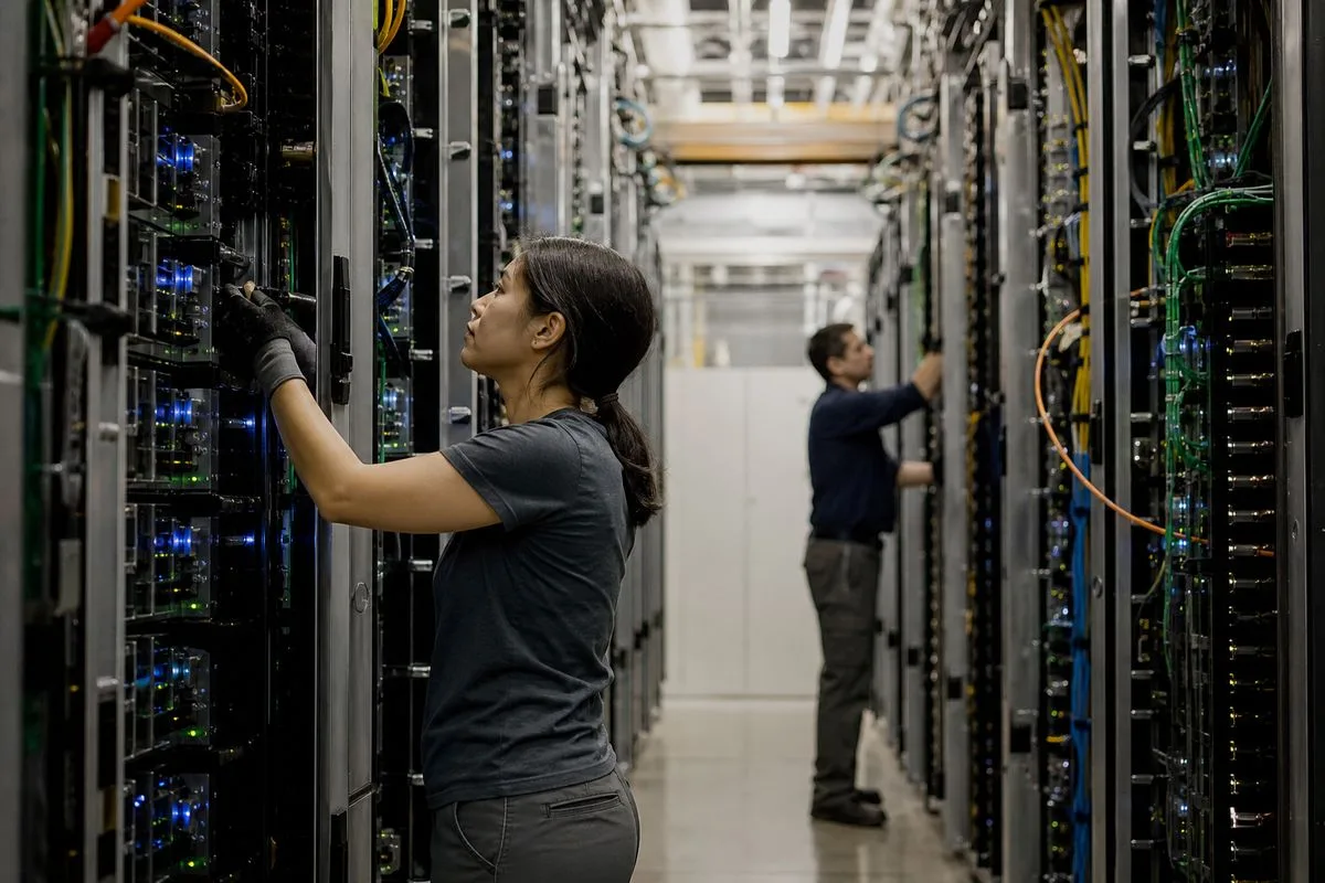 Technicians managing servers in a Google Cloud data center
