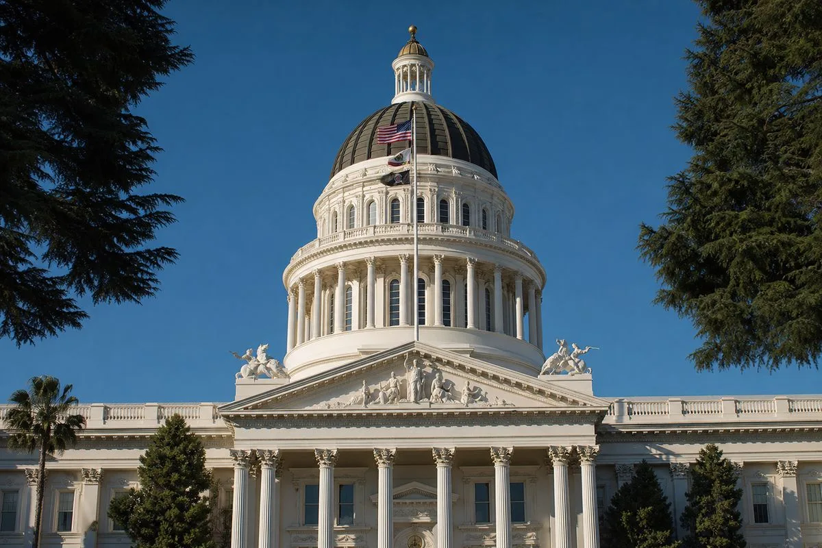 California state capitol building with American flags flying