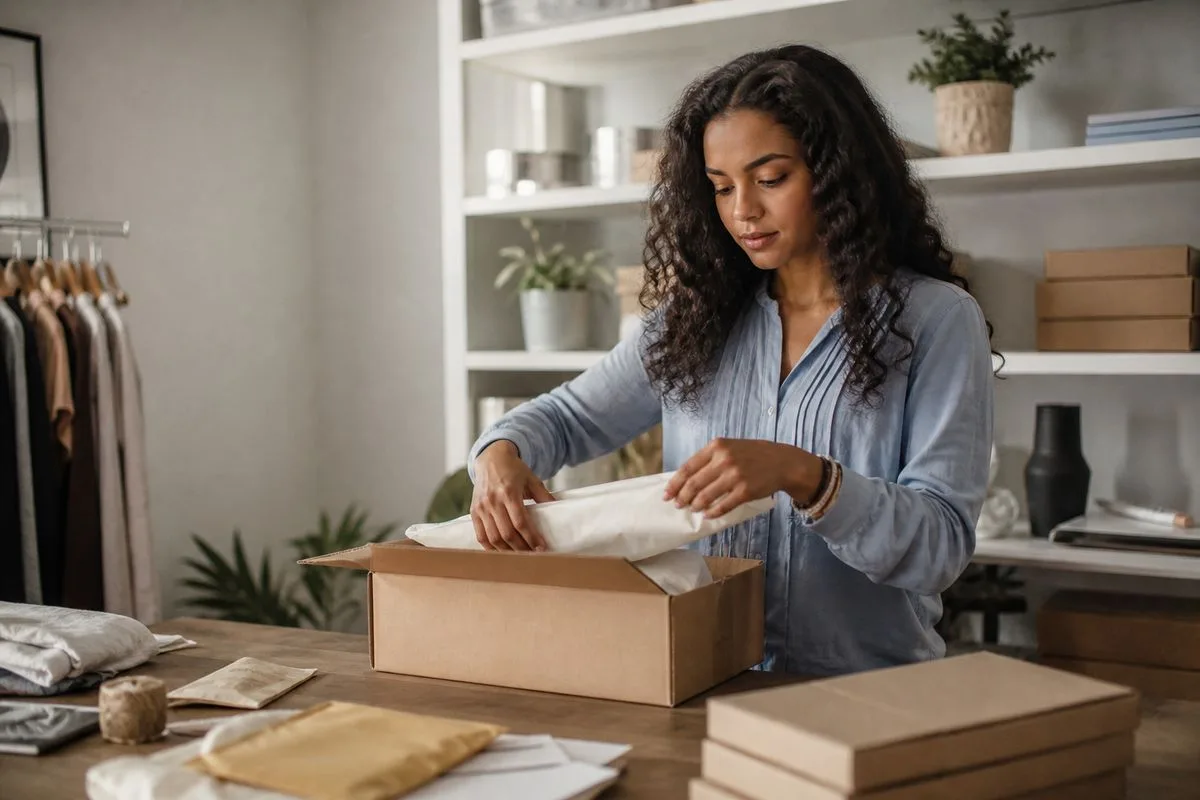 A young professional packing products for online sales at home