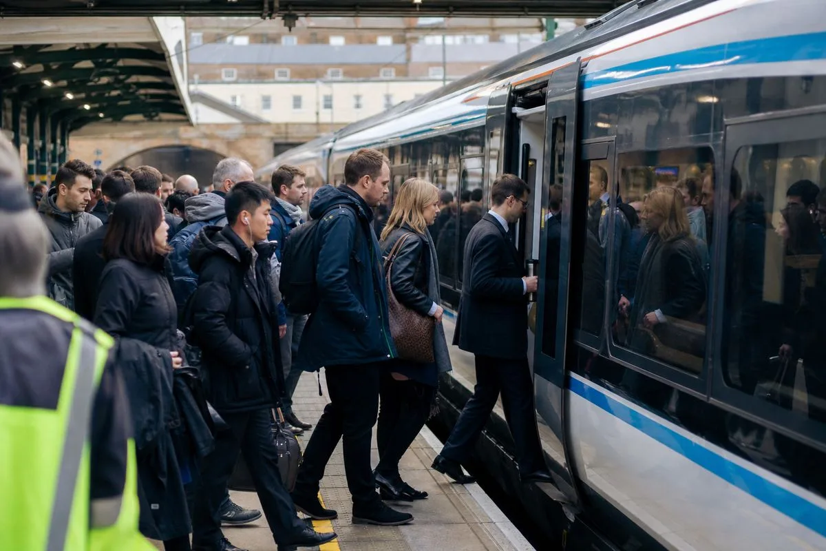 Commuters boarding a Chiltern Railways train at a busy station platform