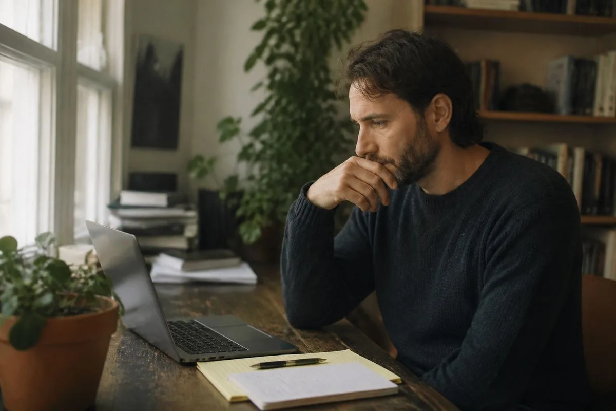 A writer reviewing AI-generated text on a laptop screen.