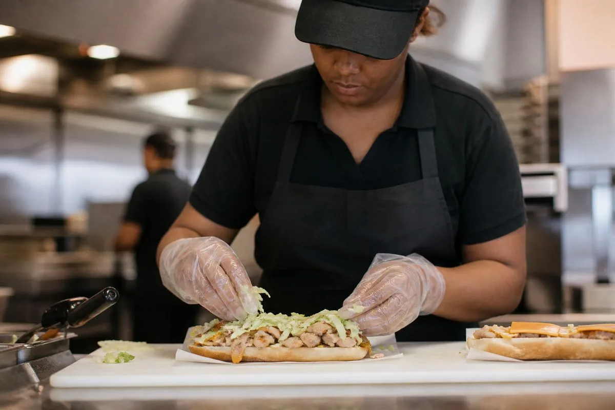 An Arby's employee assembling a chicken cheesesteak sandwich.