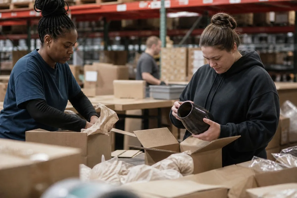 Warehouse workers inspecting returned products for damage