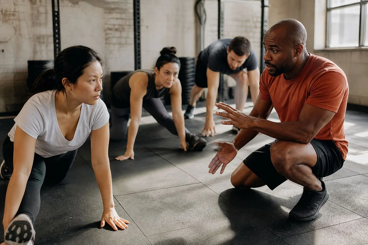A coach guiding beginners through warm-up exercises in a gym
