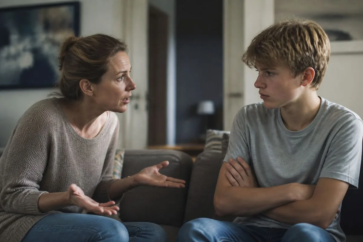 A mother and teenage son sharing a tense conversation at home
