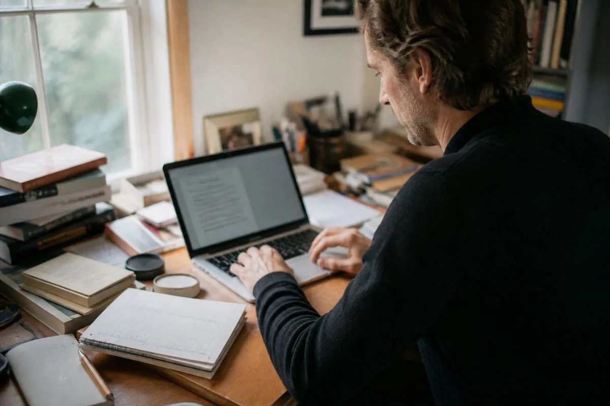 A writer using AI software on a laptop at a cluttered desk