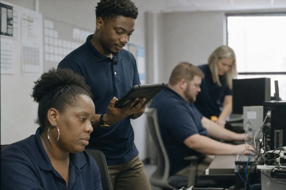 Food Lion employees restoring digital systems in office.