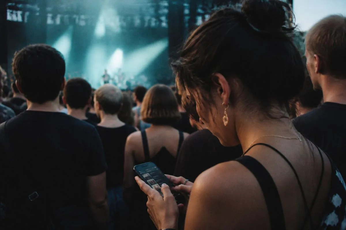 A concertgoer scrolling on a music app at a live show.