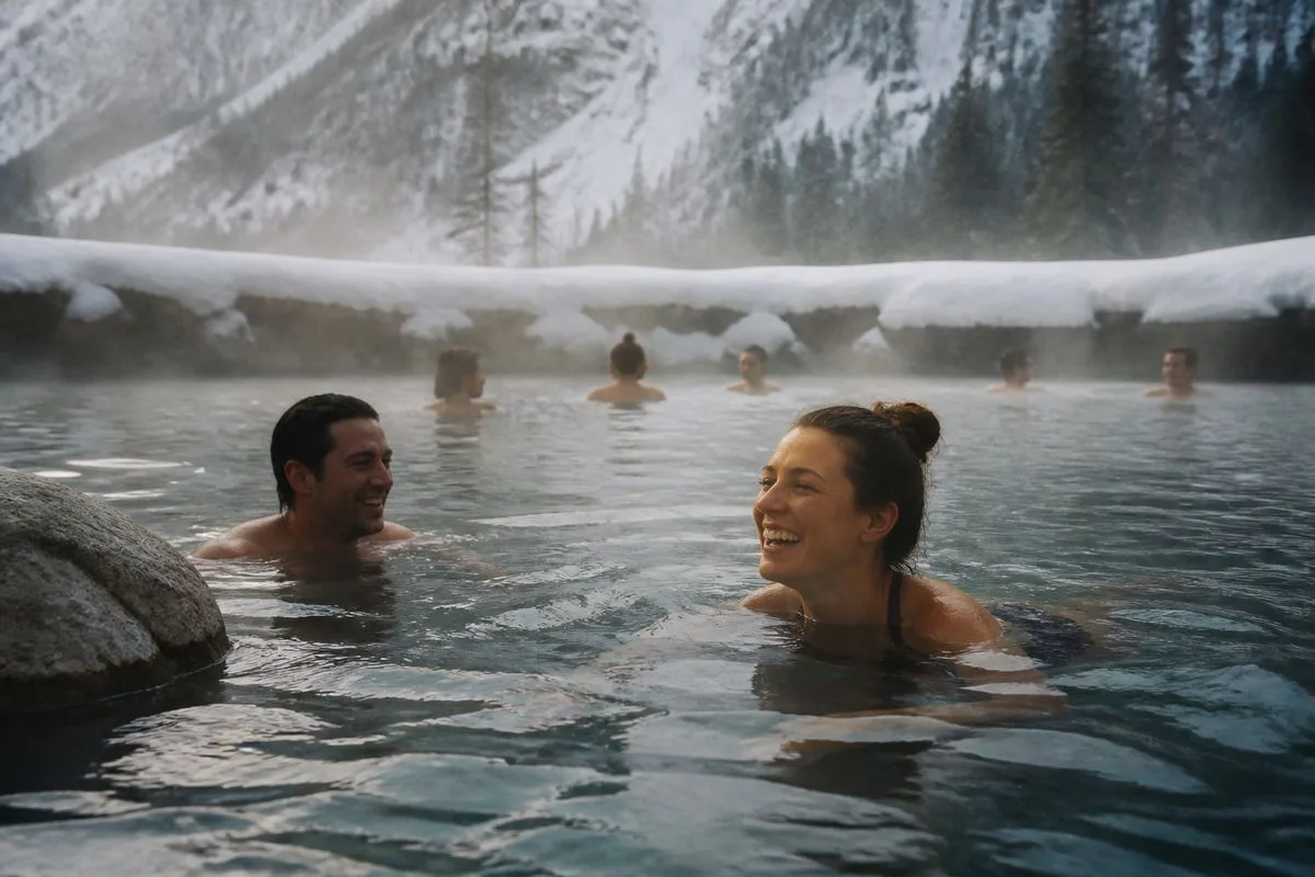 Swimmers enjoying a heated outdoor pool on a chilly day