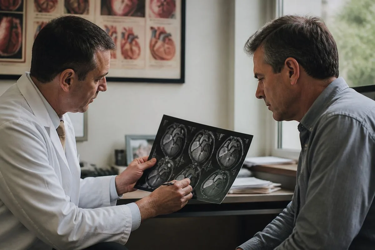 A doctor reviewing heart scans with a middle-aged man
