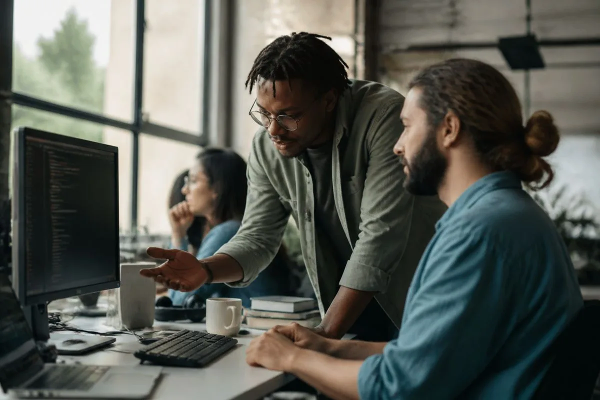Data engineers collaborating over code in a modern office.