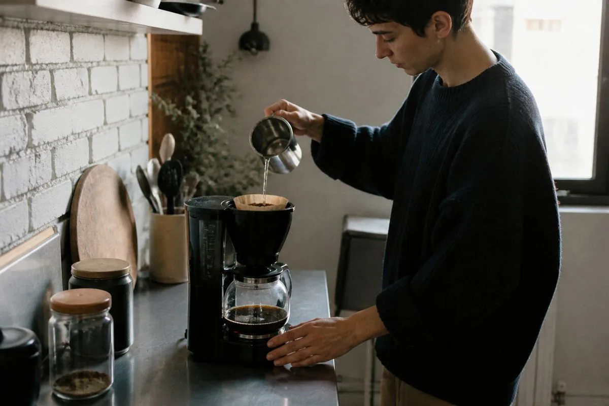 A person brewing coffee with a classic drip coffee maker