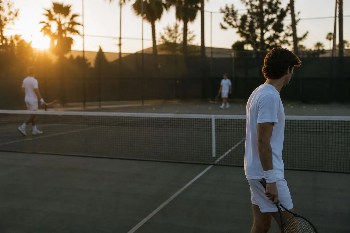 Tennis courts bathed in evening sunlight with players warming up
