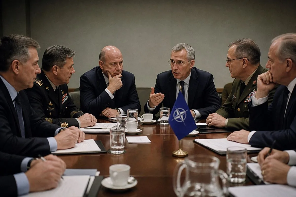 NATO delegates engaged in a tense discussion around a conference table