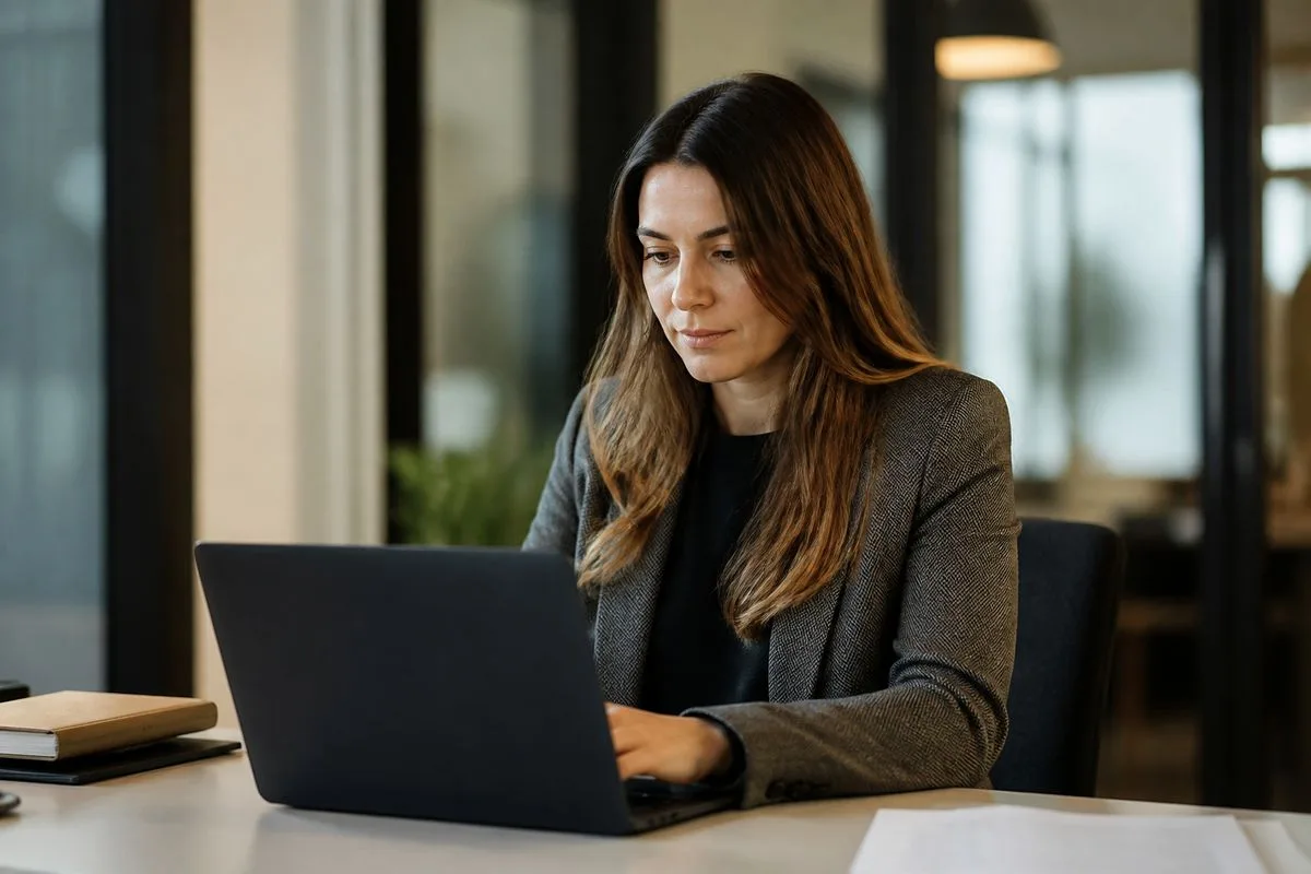 A professional using a laptop in a modern office space