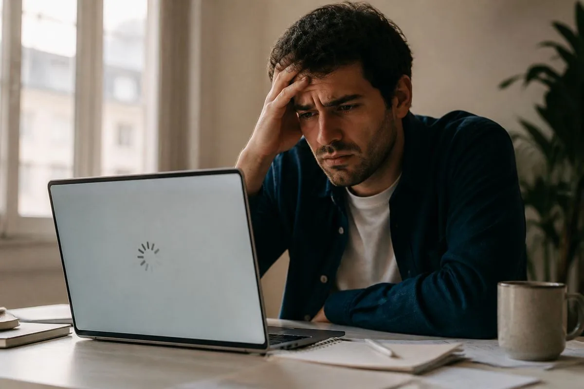 A frustrated user staring at a loading error on a laptop screen
