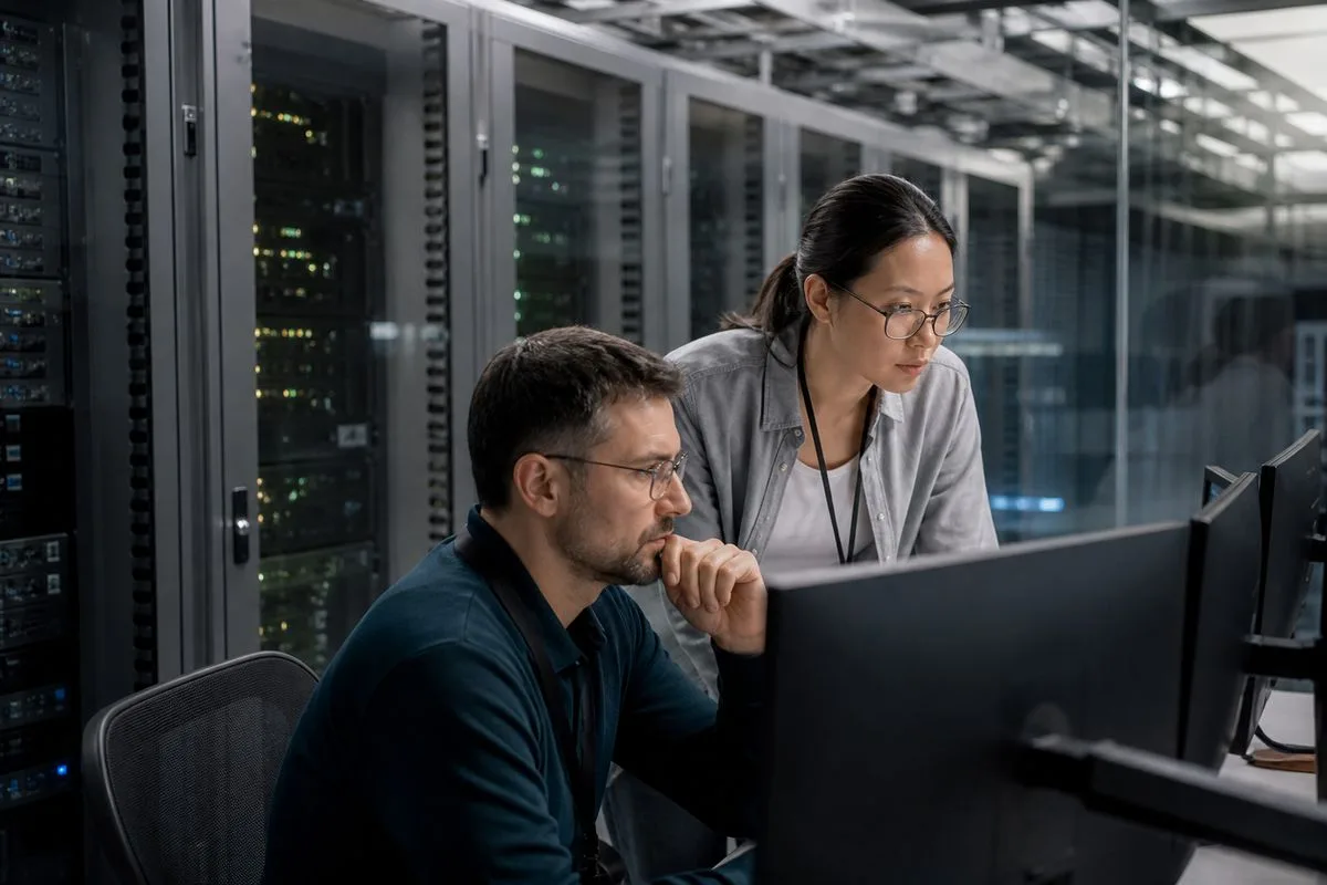 Engineers monitoring cloud-based payment systems in a data center