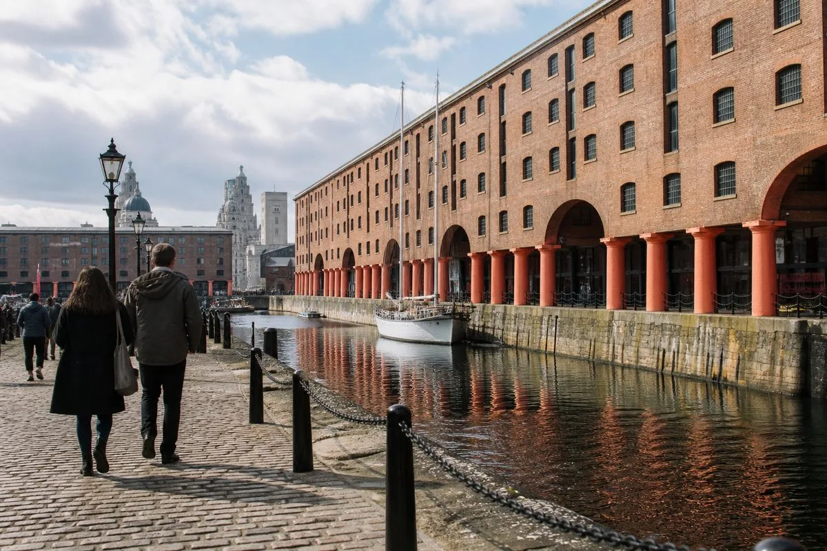 People exploring the Royal Albert Dock waterfront in Liverpool