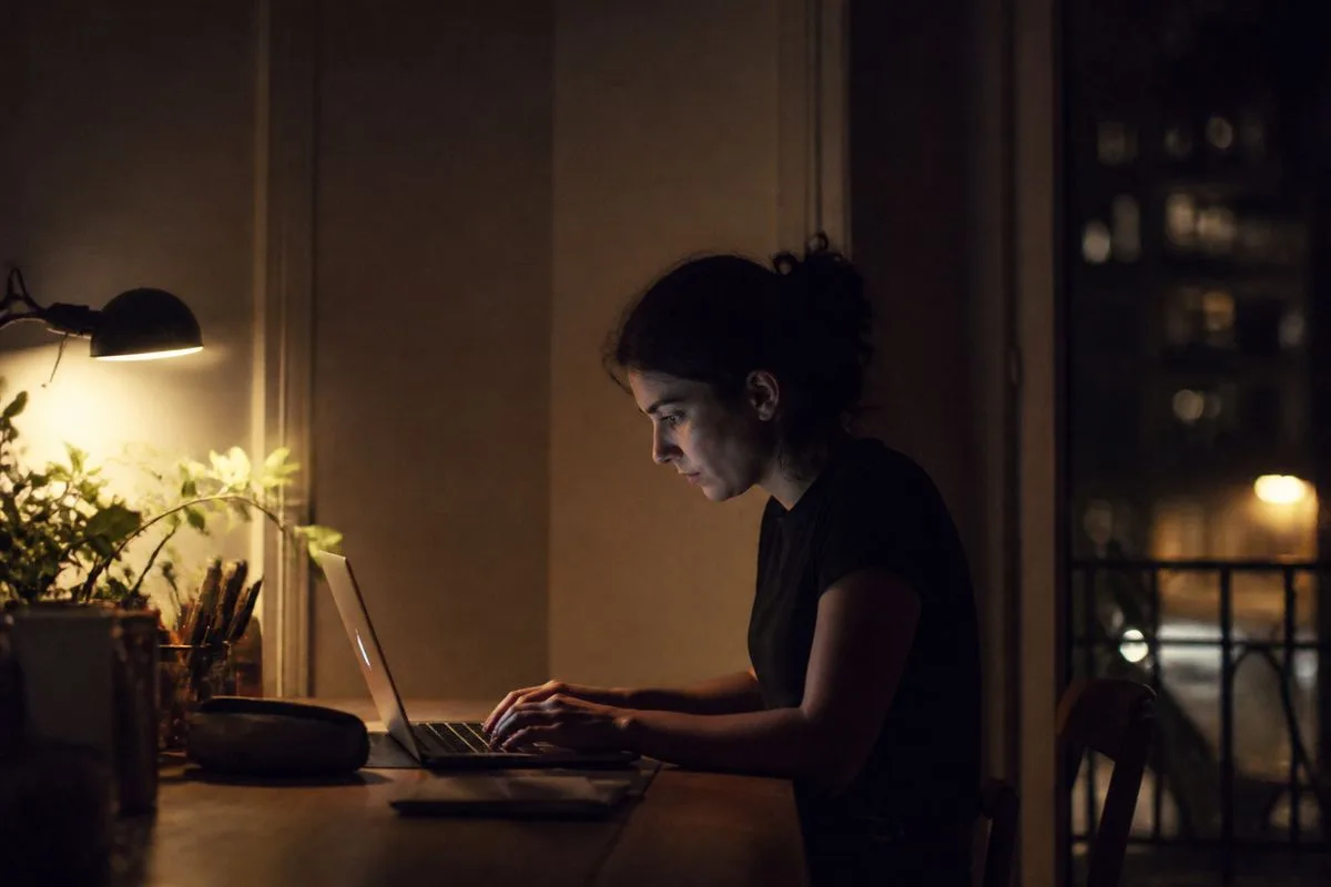 A person typing on a laptop in a dimly lit room