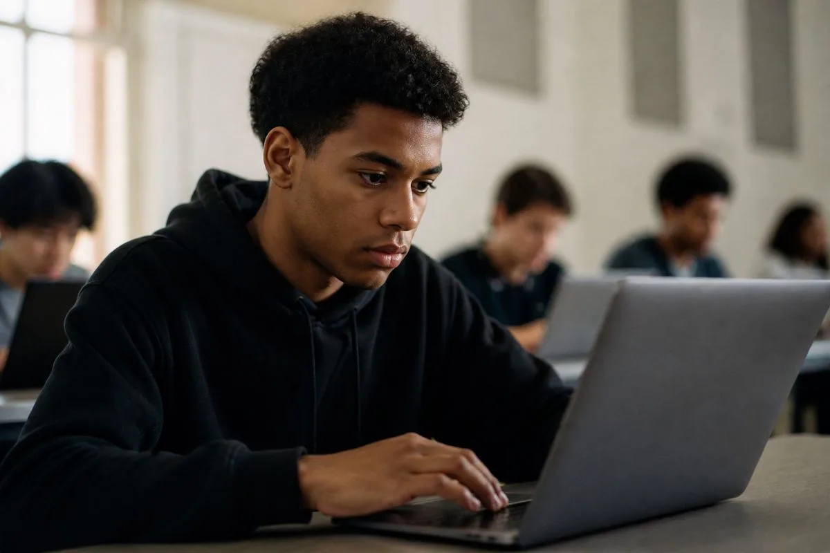 A student coding AI projects on a laptop in a classroom