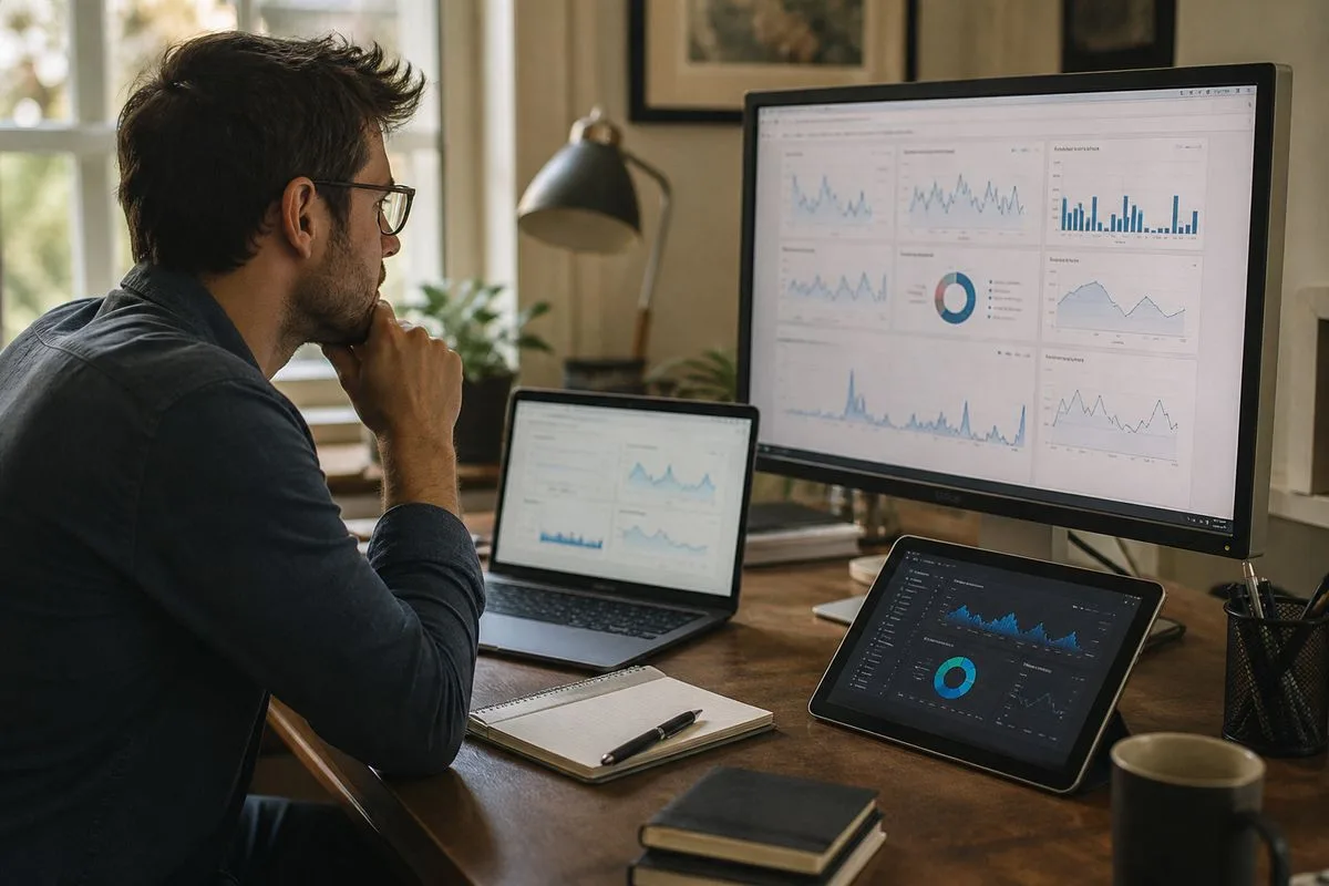 A developer analyzing blog performance metrics on multiple screens