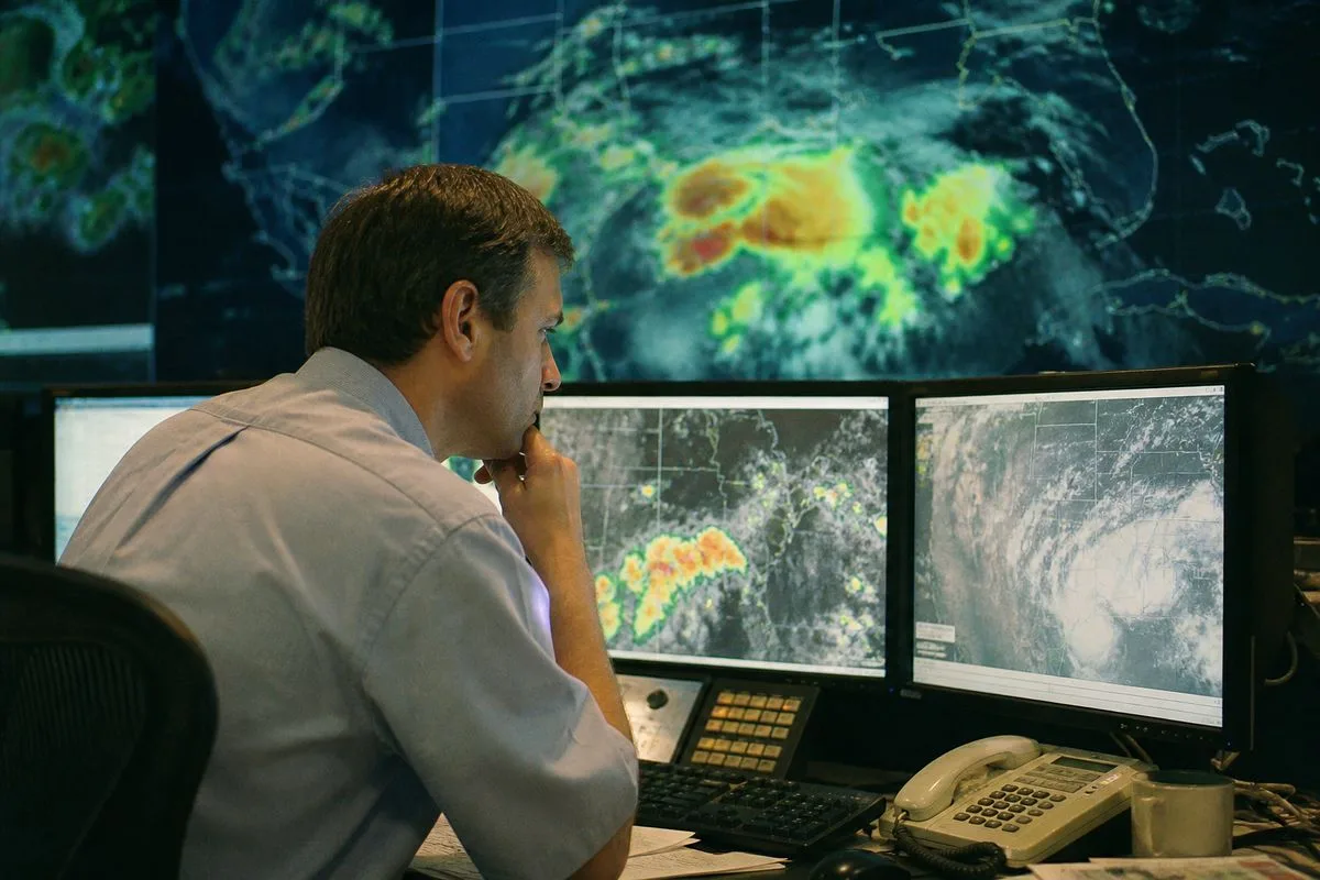 A meteorologist monitoring weather data in a control room