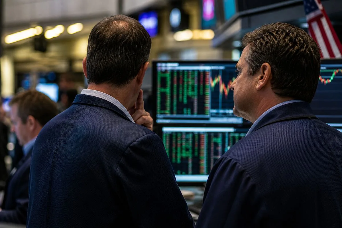 Investors intently watching stock market data on screens