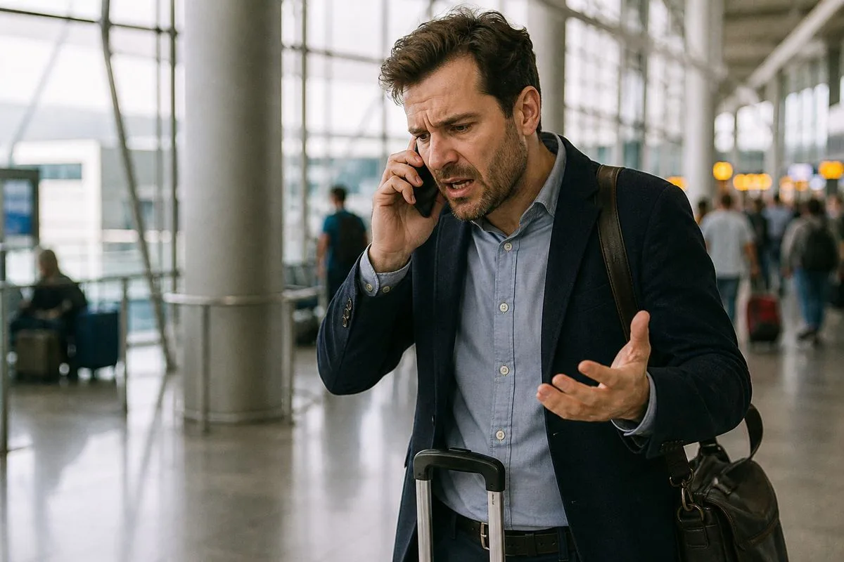 A frustrated traveler speaking on the phone at an airport terminal