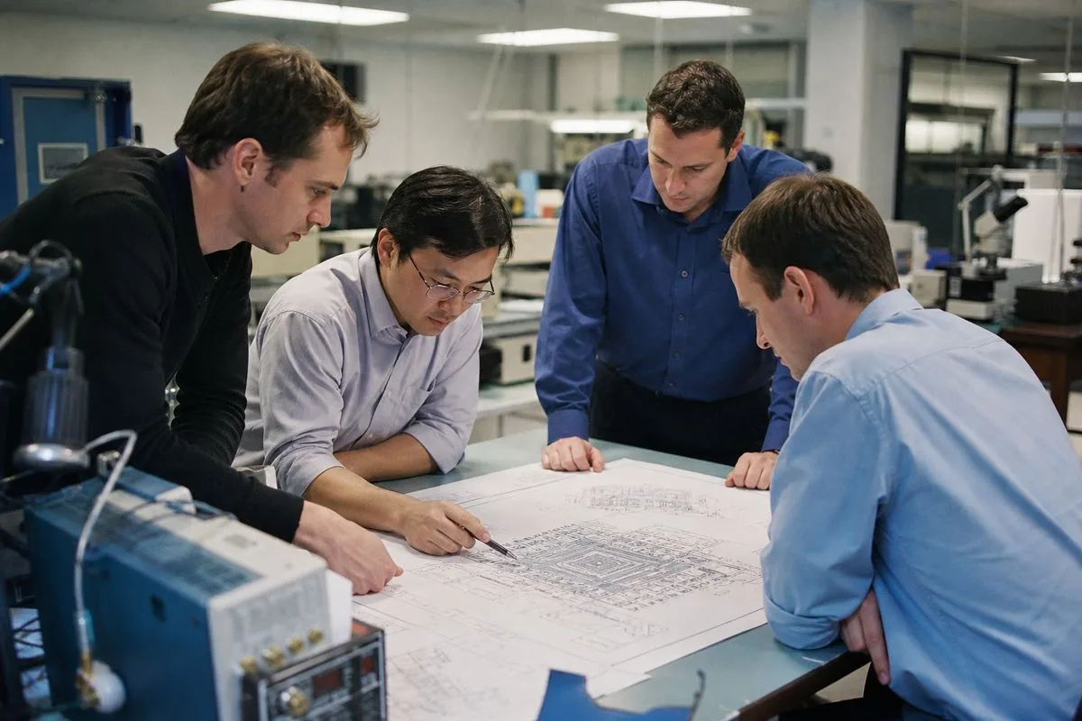 Engineers examining ARM processor blueprints in a tech lab