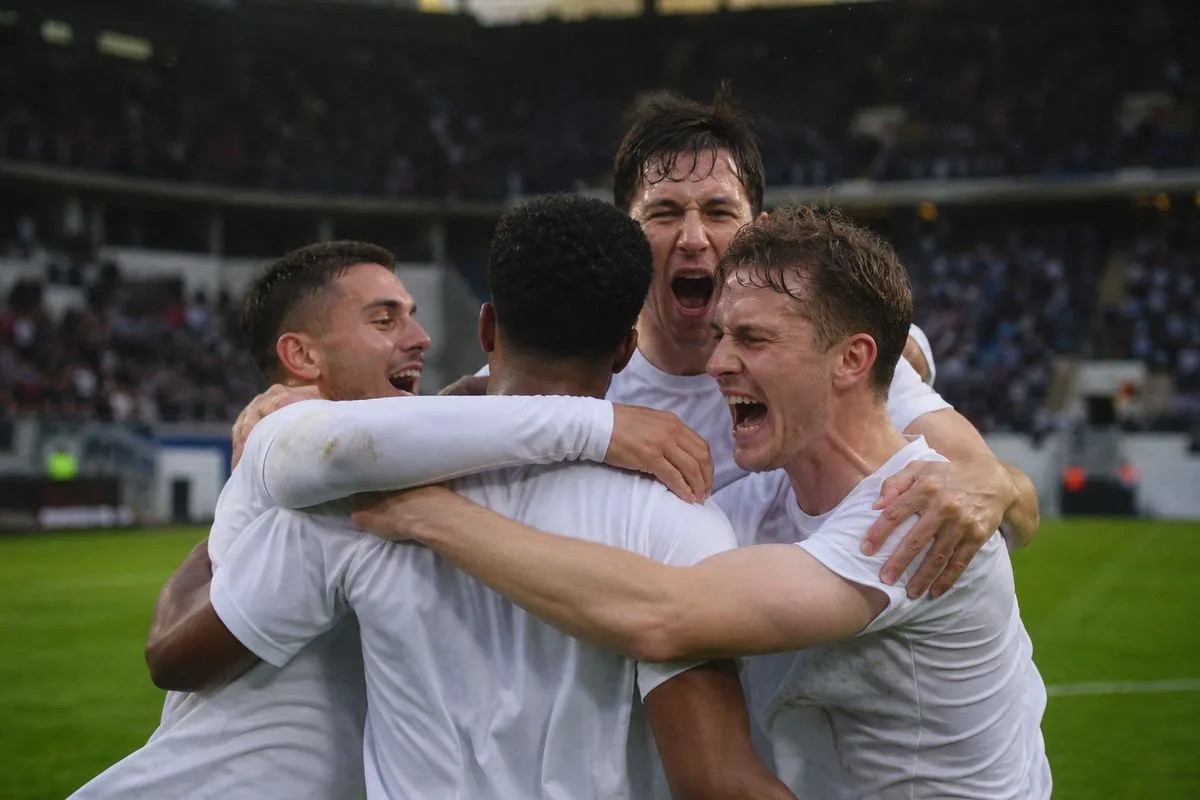 Players celebrating a late goal in a tense football match
