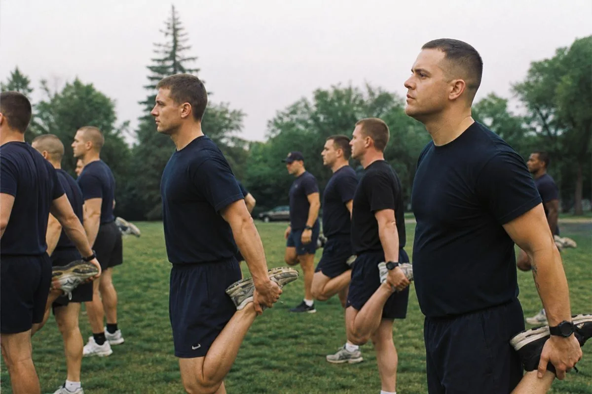 A group of police officers warming up before a charity run