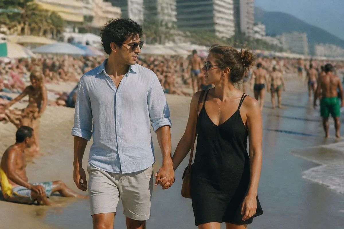 A couple walking hand-in-hand on a crowded beach