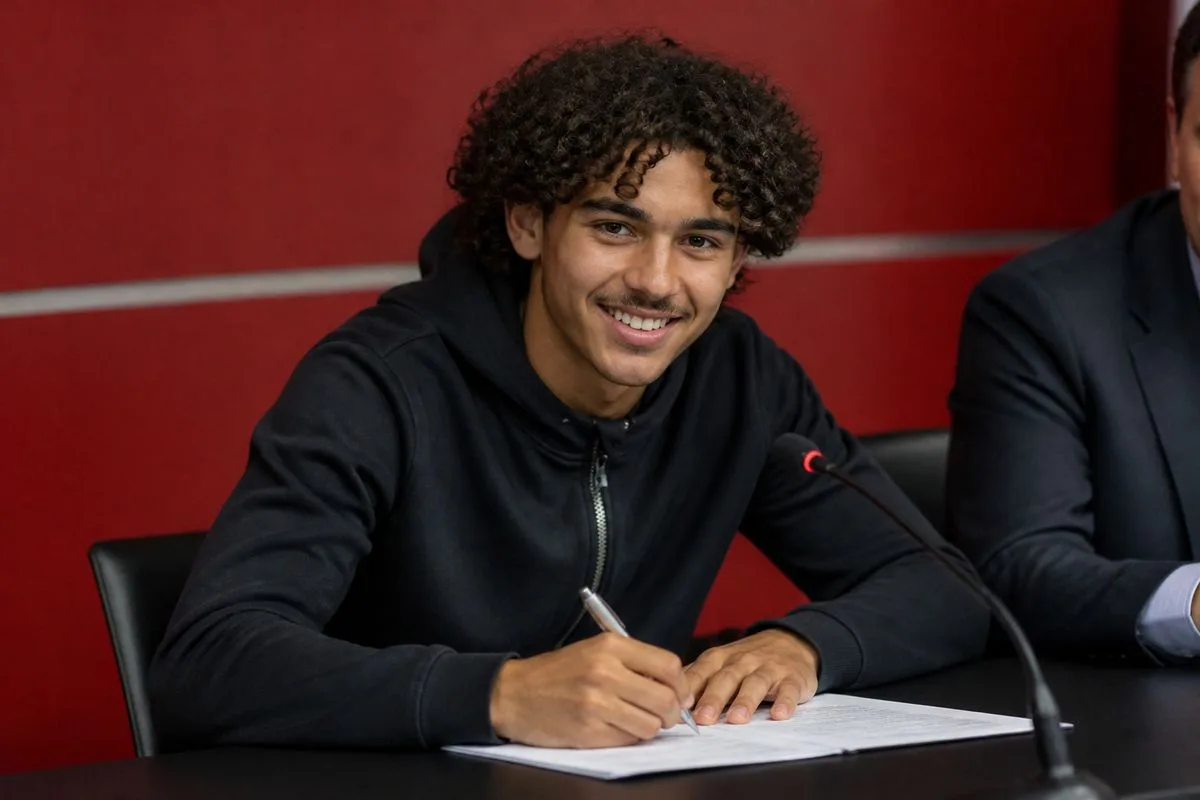 Bouaddi smiling while signing a contract at a press conference