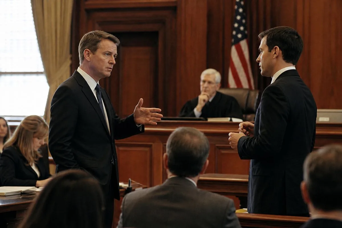 Lawyers debating inside a courtroom during a hearing