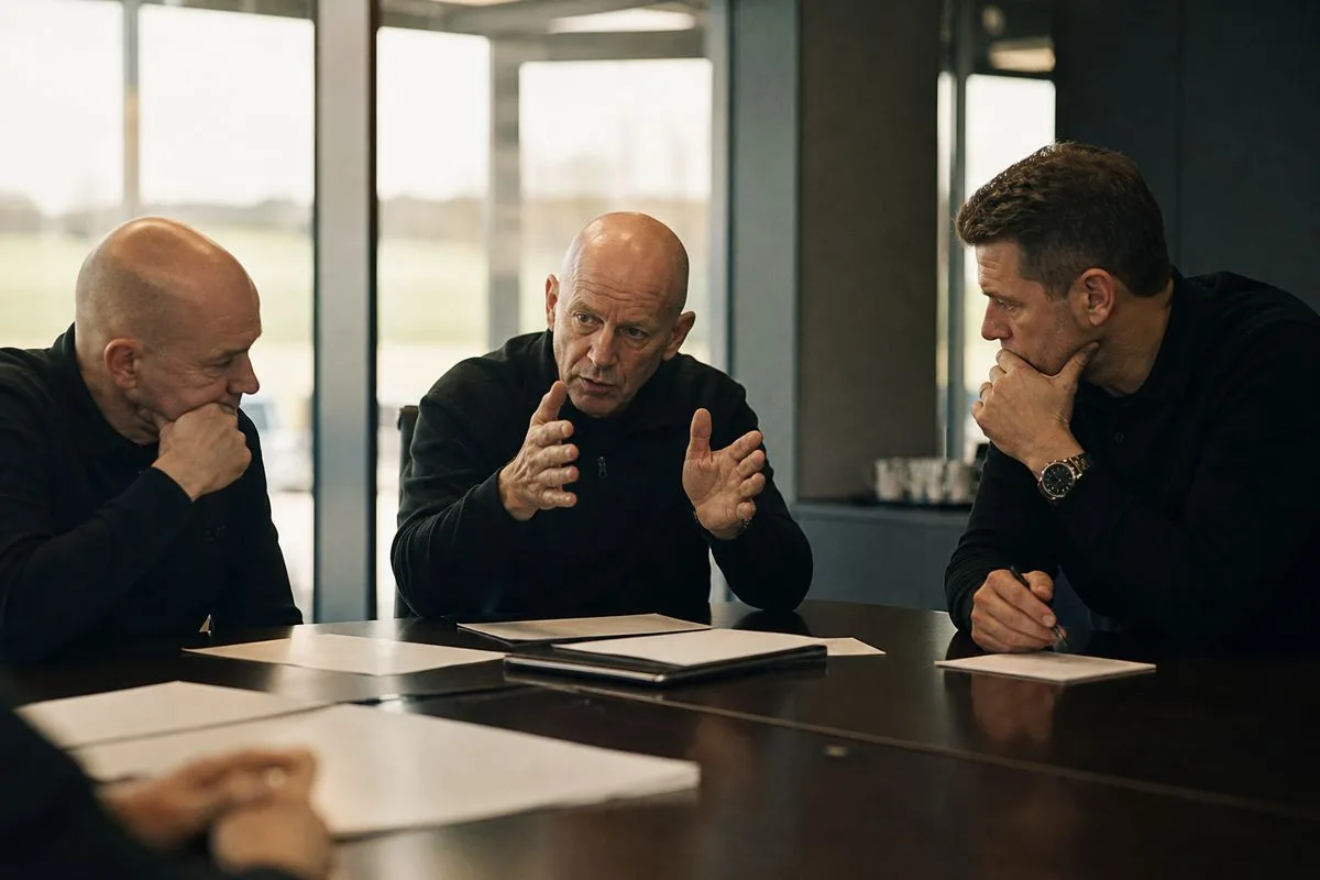 Premier League officials discussing decisions in a boardroom meeting