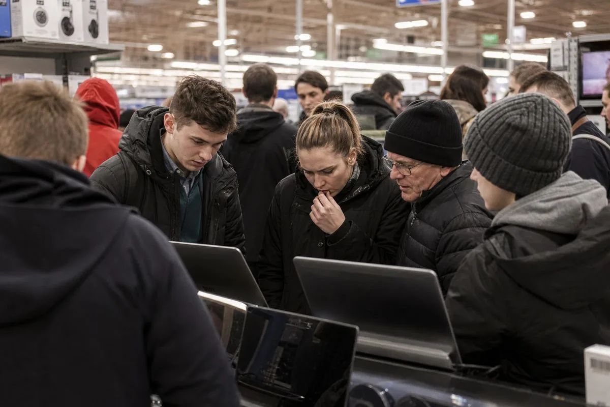 Shoppers comparing deals on electronics inside a crowded store.