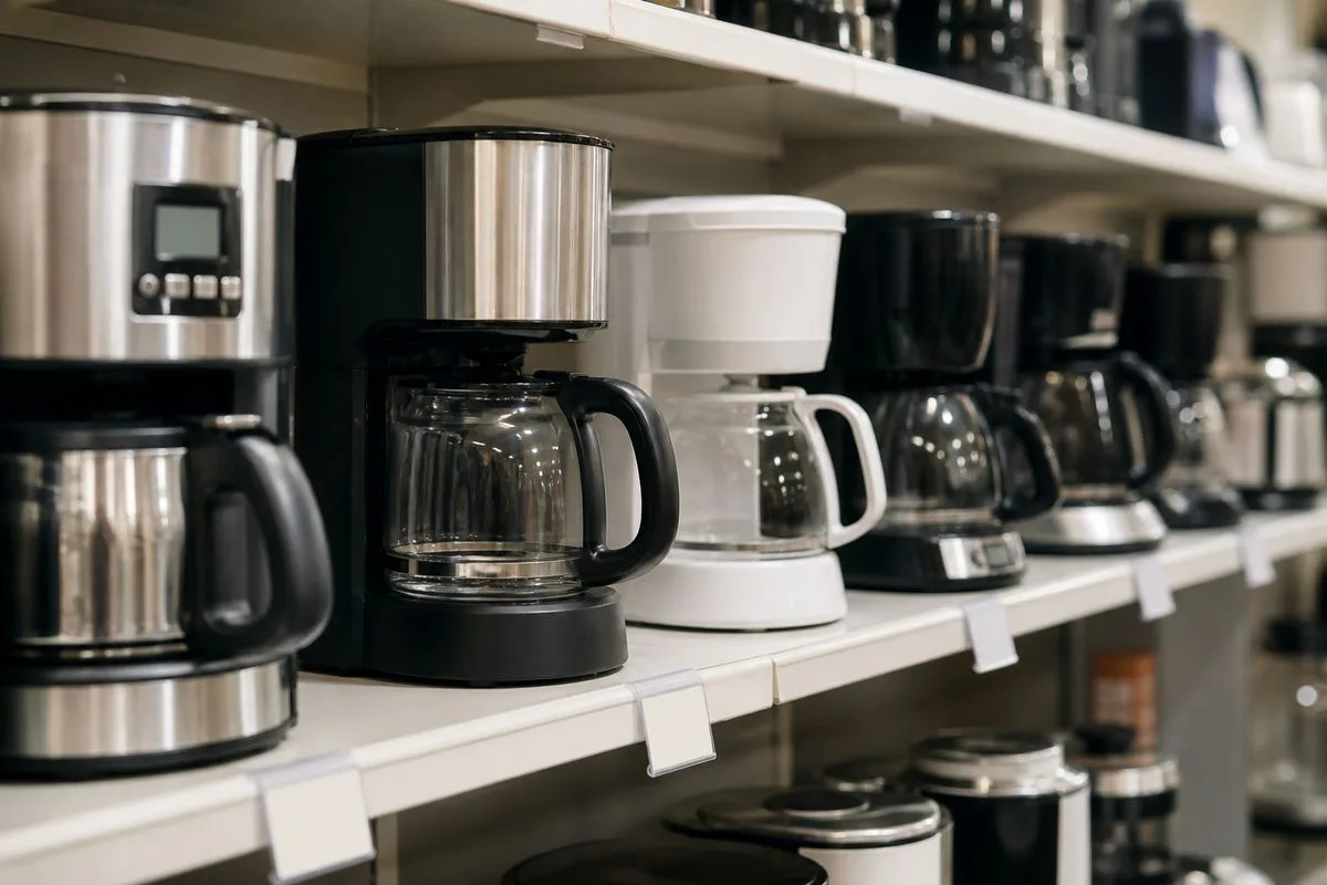 A row of coffee makers displayed on store shelves with price tags
