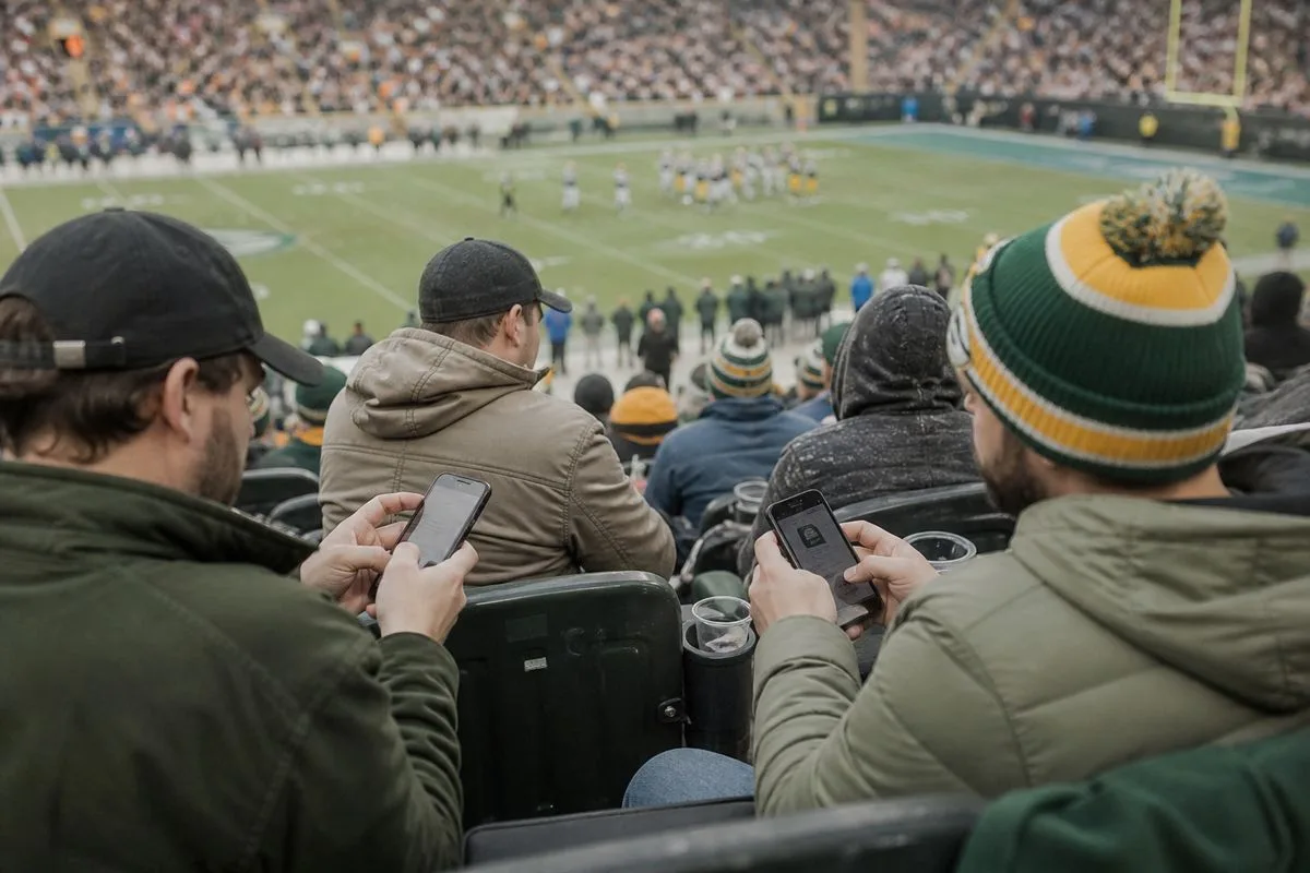 Fans watching an NFL game while placing bets on their phones