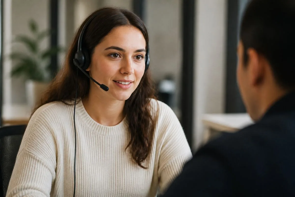 A customer service agent assisting a client via headset
