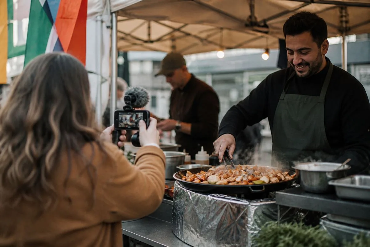 A London food blogger filming street food vendors