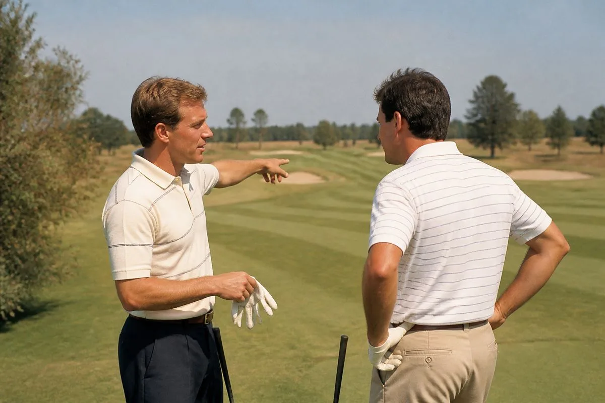 Golfers discussing strategy on a sunny course fairway