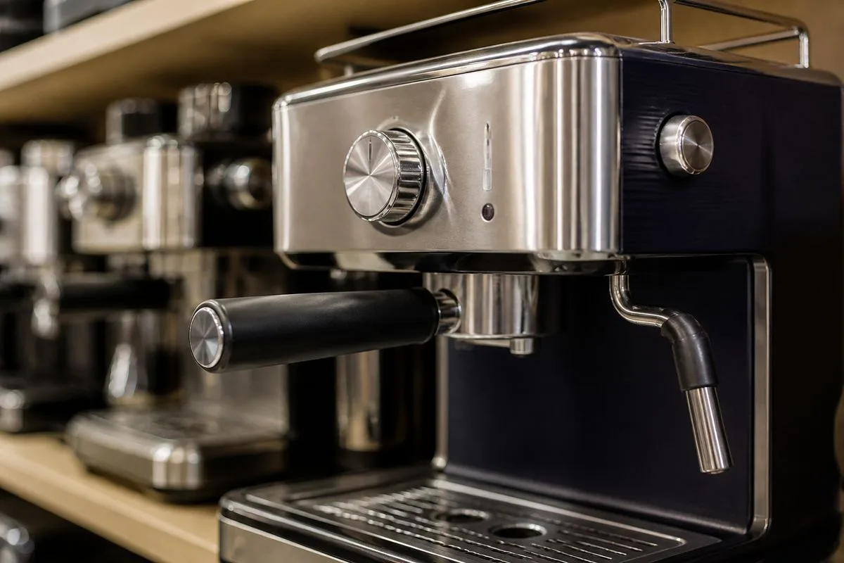 Close-up of a De’Longhi espresso machine on a store shelf