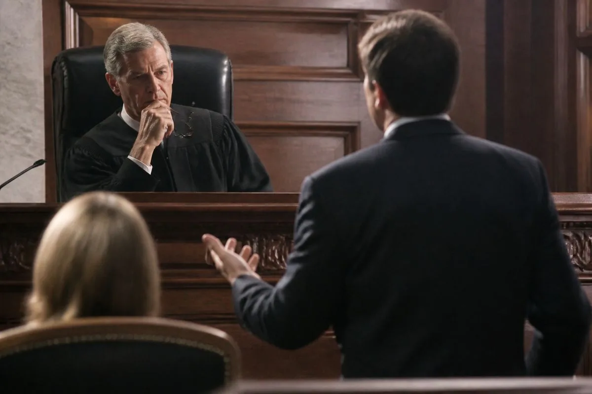 A courtroom with a judge listening intently to testimony