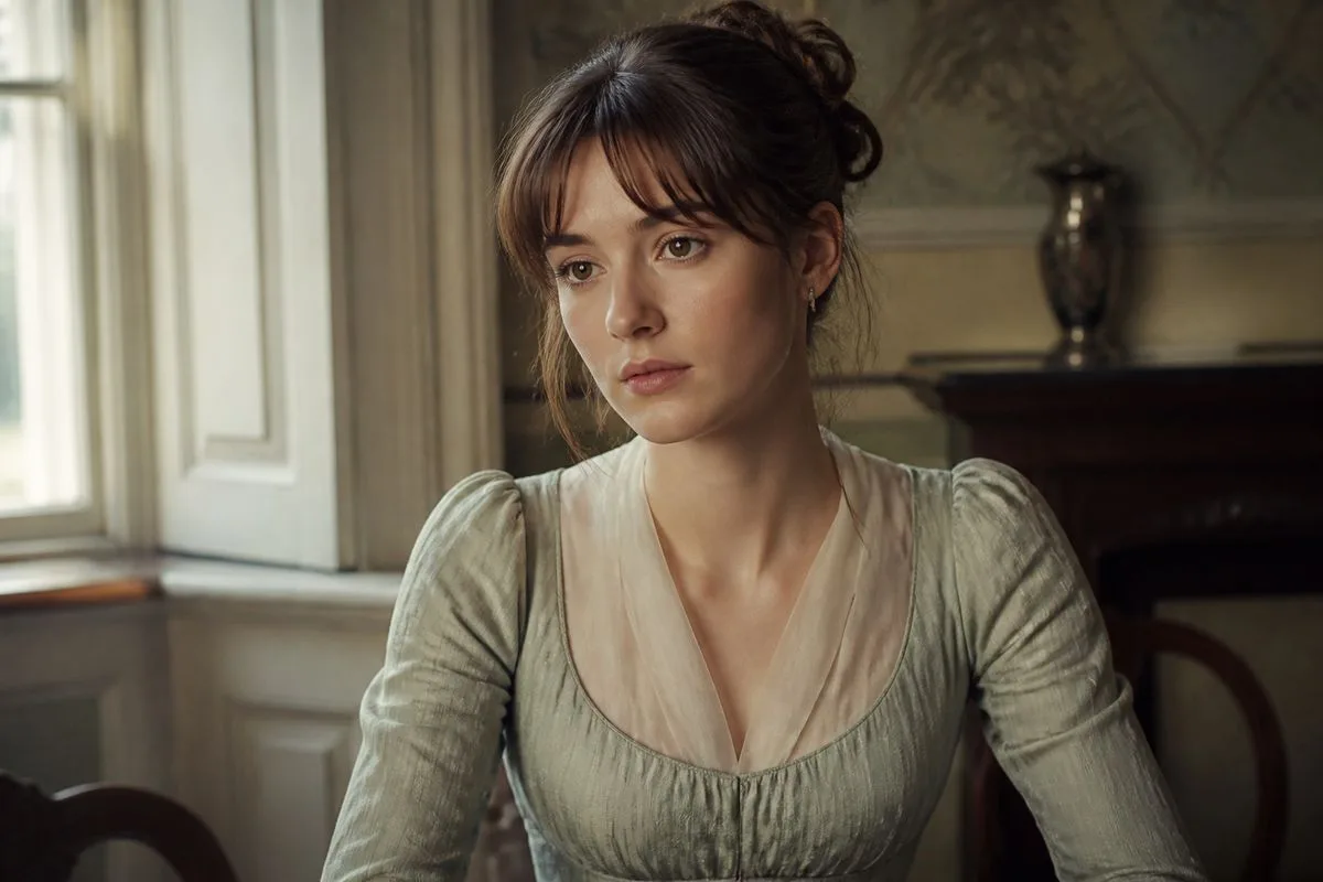 Daisy Edgar-Jones as Elinor, poised and contemplative in period costume.