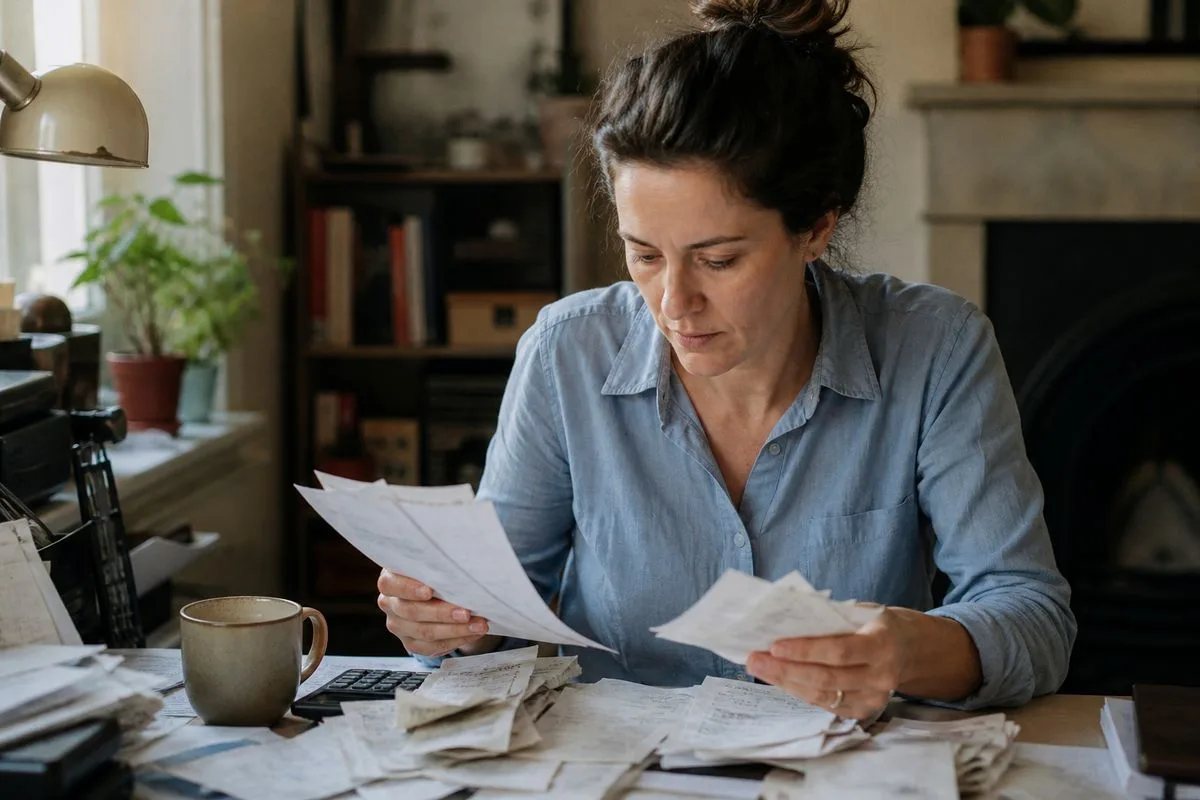A person sorting receipts and invoices at a cluttered desk