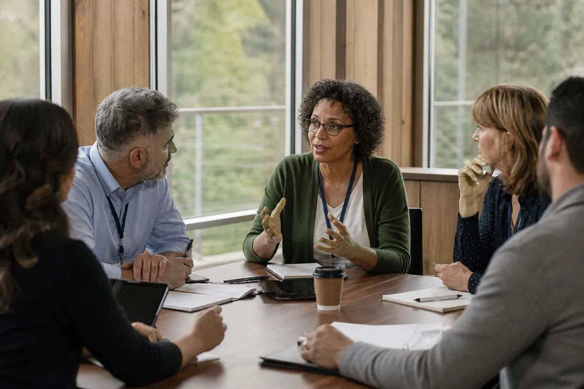 Entrepreneurship educators discussing strategies at a conference table