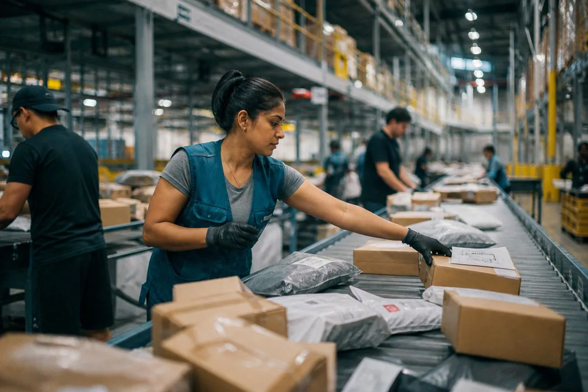 Workers sorting packages in a high-tech fulfillment center