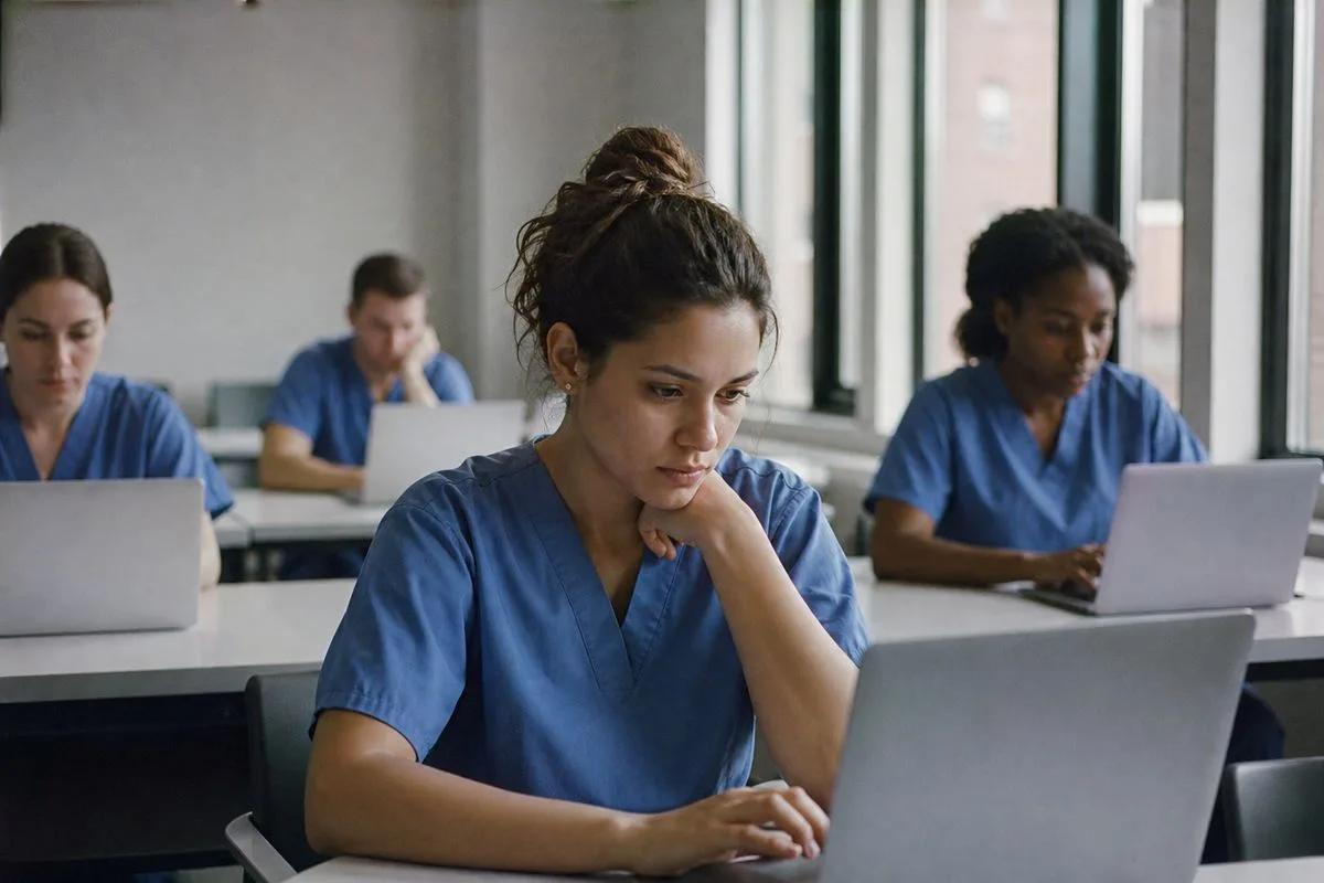 Students taking an online medical certification exam at computers